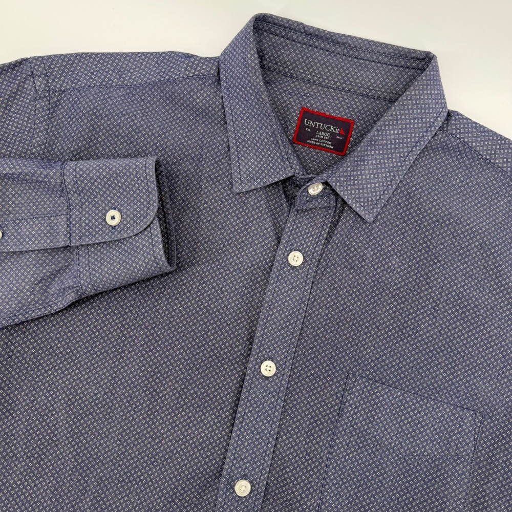 UNTUCKit Mens Large Slim Fit Blue Geometric Pattern Dress Shirt Cotton